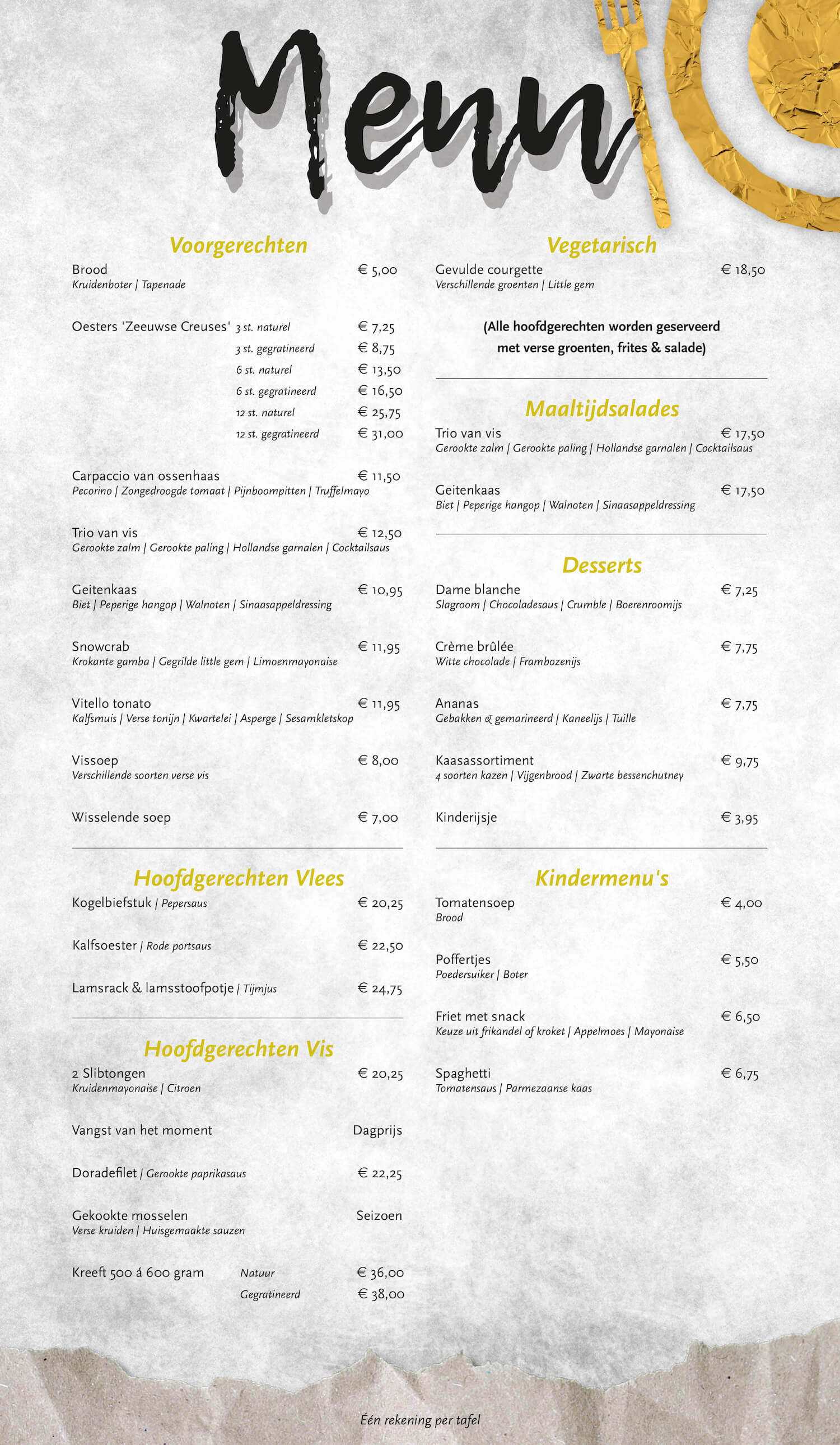 Menukaart Restaurant ZieZo Zoutelande