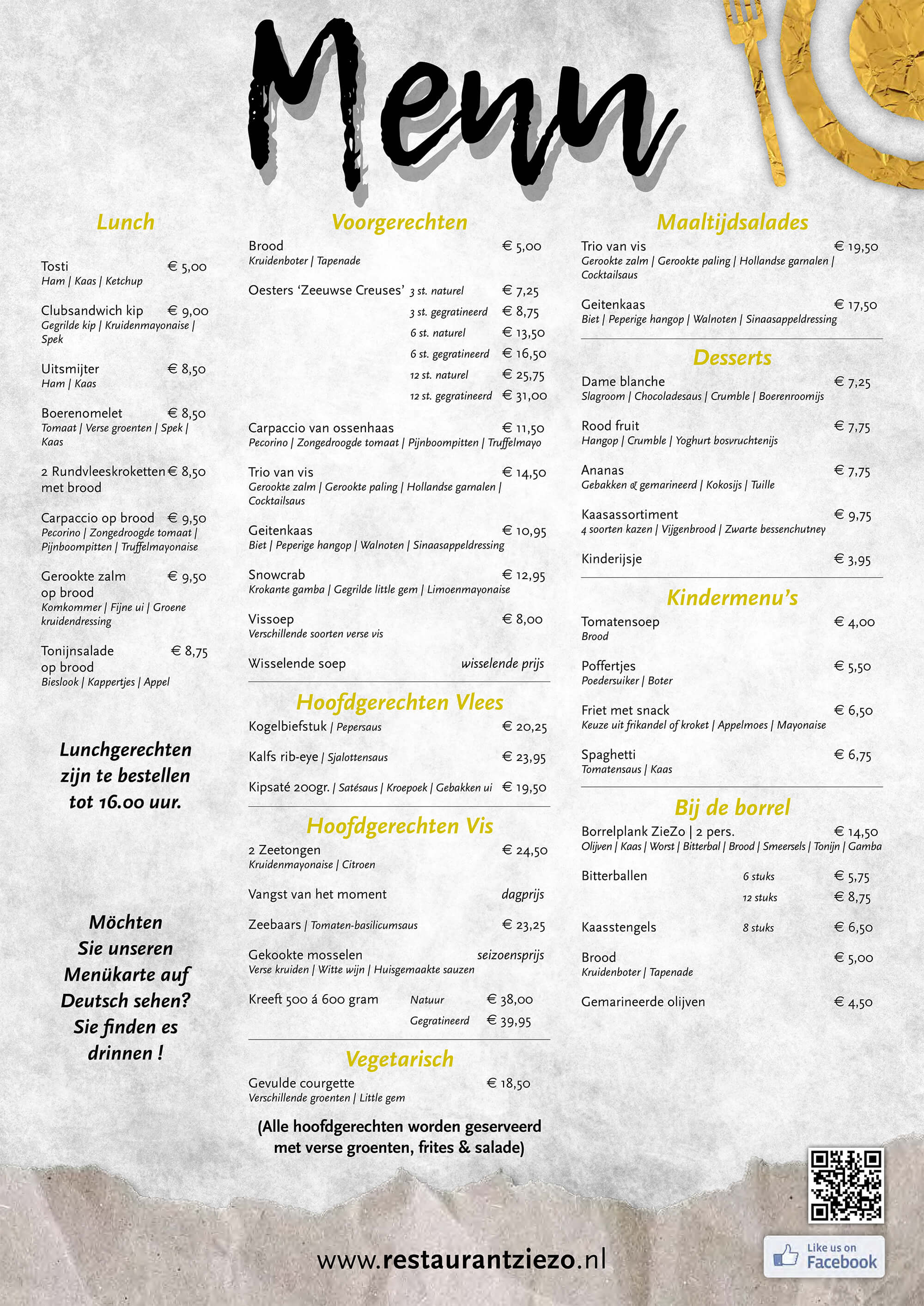 Menukaart Restaurant ZieZo Zoutelande